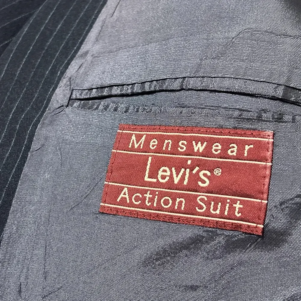VINTAGE Levi Men’s Black Pinstripe Jacket Blazer Action Suit Size 46R (A17)